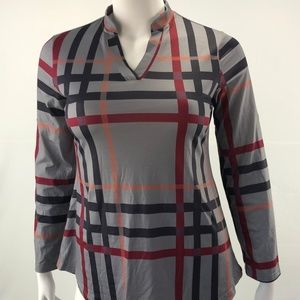 Casual Top Blouse V Neck Gray XL Check Print Back